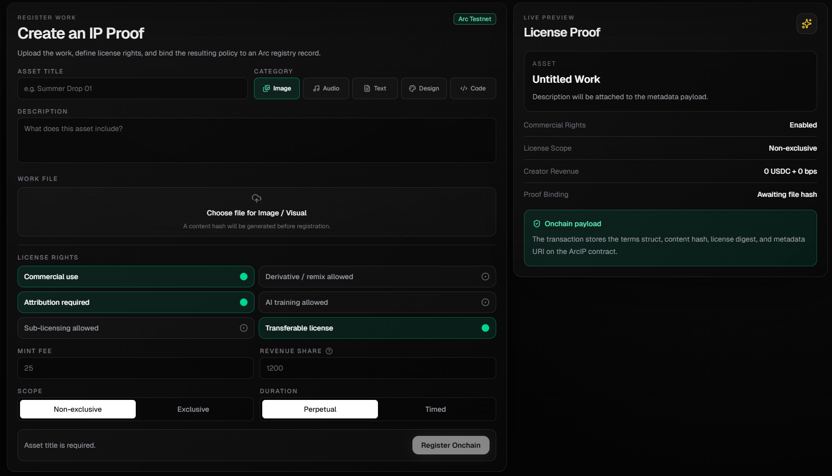 ArcIP register work screen with asset upload controls